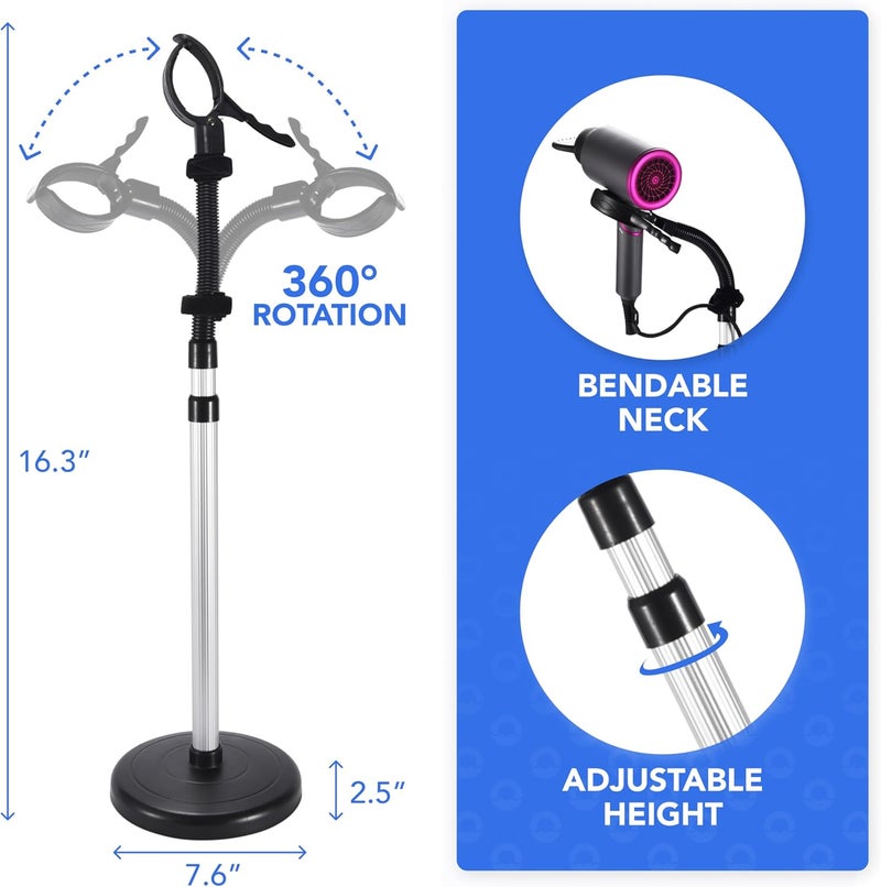 Bamodi Hair Dryer Holder Black - Hands-Free Hair Drying Metal Stand with 360° Rotation, Adjustable Height - Countertop or Wall Mount - Stylish and Convenient Storage Solution for Bathroom - Image 3